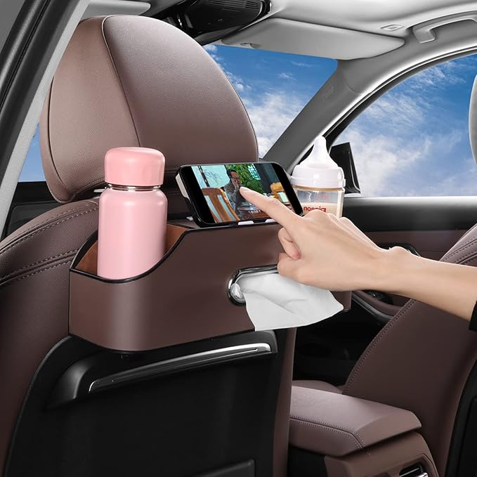 Car Seat Back Organizer - Stylish & Functional Storage for Family Adventures - Cup Holders, Tissue Box & Hooks - Perfect for Kids, Road Trips & Travel (Brown)