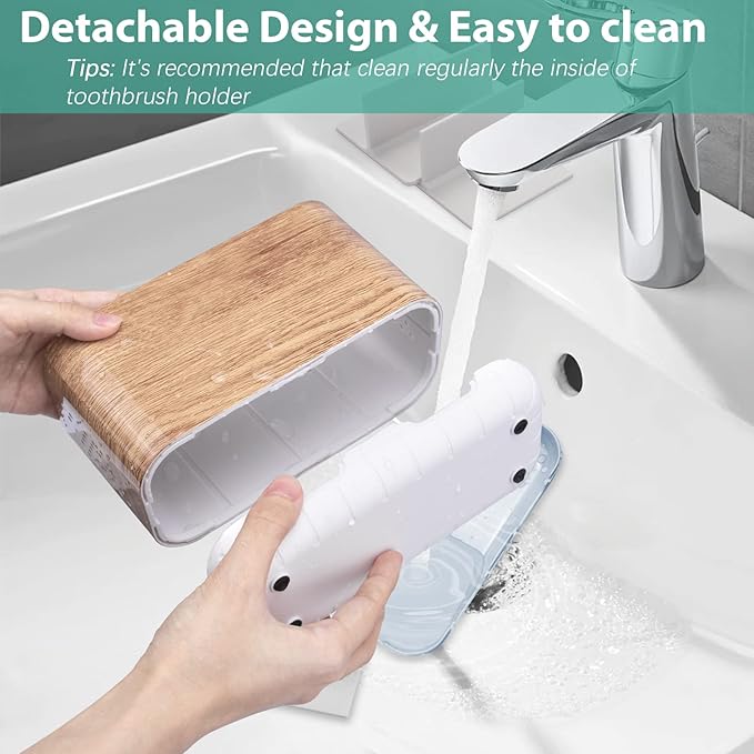 Boperzi Toothbrush and Toothpaste Holder Wood Grain for Bathroom Countertop with Adjustable Dividers, Toothpaste Caddy Organi