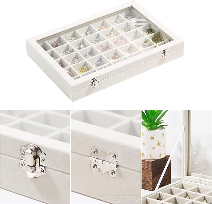Coward Ring Earring Jewelry Organizer Box, 35 Grids Dustproof Display Holder Case, Beige Velvet Jewelry Bead Display Tray Cas