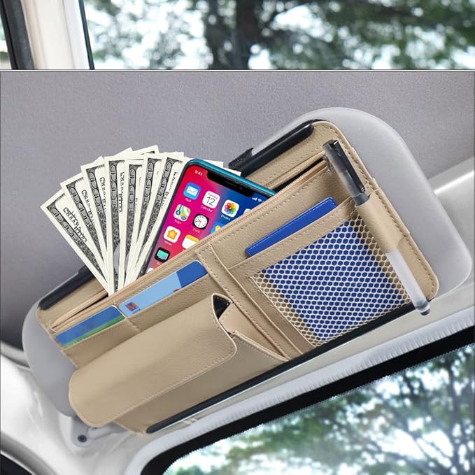 JEYODA Car Sun Visor Organizer Auto Car Visor Pocket and Interior Accessories Car Storage Organizer with Multi-Pocket Net Zippers (Style 2-Beige) 1942