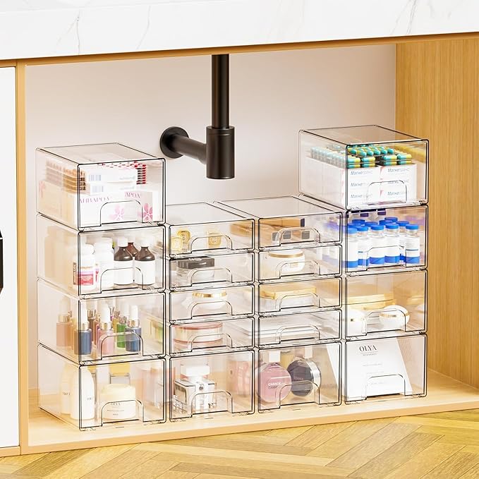 4.4" Tall Small Clear Acrylic Stackable Storage Drawers for Vanity,Under Sink,Bathroom Closet,Medicine Cabinet Organization a