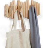 Umbra Picket Wall-Mounted Coat Rack Rail Hook with 5 Retractable Wood Pegs – Modern, Space-Saving Storage Organizer, Natural 
