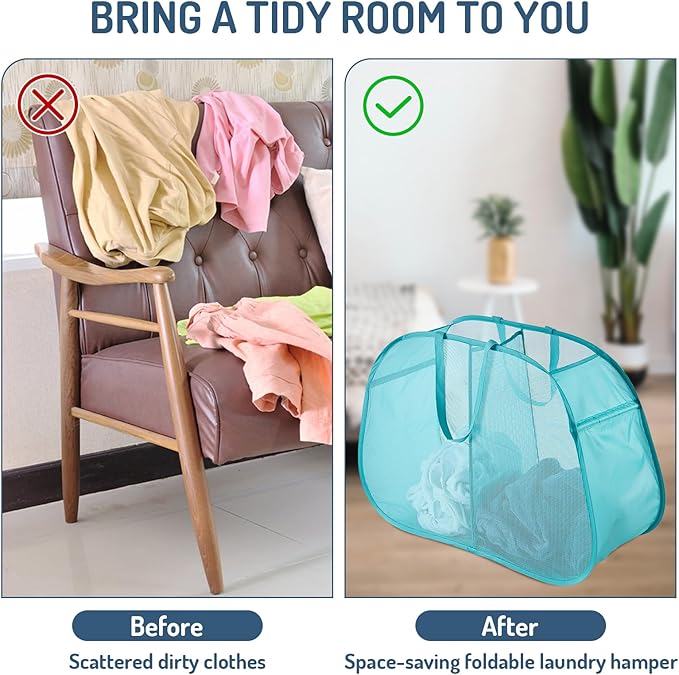 Seiritex Mesh Popup Laundry Hamper 2 Compartment, Collapsible Laundry Sorter Basket Foldable Hamper for Clothes, College Dorm
