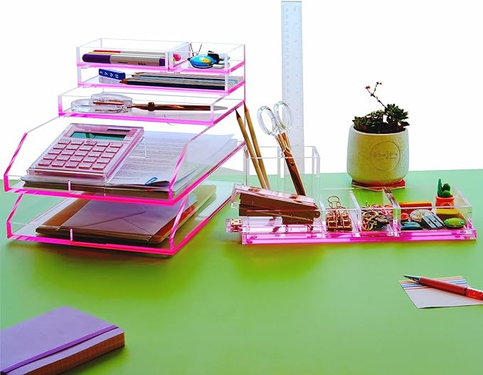 4-Piece Stackable Pink Acrylic Desk Organizer for Office or Home Desk Drawer Dividers, Makeup Vanity Storage Bins, Accessory 