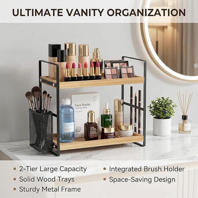 LEMIKKLE 2-Tier Wood Bathroom Counter Organizer with Basket,Waterproof Vanity Perfume Skincare Storage for Bathroom, Kitchen,