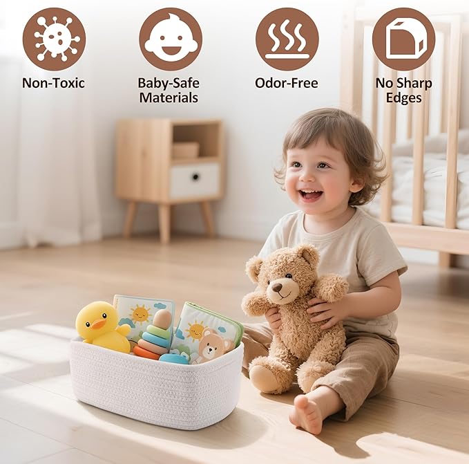 5-Pack Small Woven Rope Storage Baskets – 2 Sizes Organizer Bins for Closet, Shelf, Bookshelf, Nursery, Changing Table, Fabri