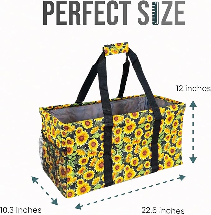 Extra Large Utility Tote Bag - Oversized Collapsible Reusable Wire Frame Rectangular Canvas Basket With Two Exterior Pockets For Beach, Pool, Laundry, Car Trunk, Storage - Sunflower