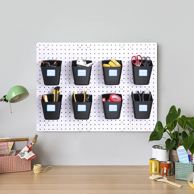 Namalu 12 Pack Peg Board Storage Bins with Labels and Hooks Square Box Shape Pegboard Cup Holder Accessories Pegboard Organiz