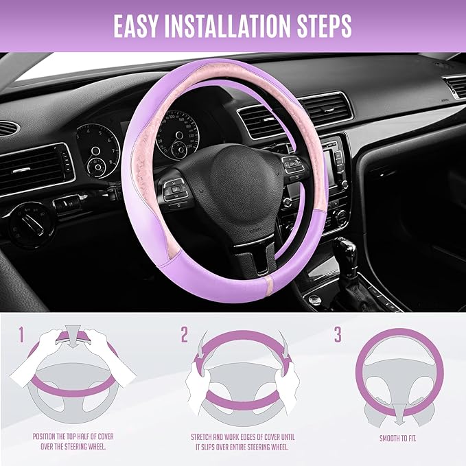 PIC AUTO Steering Wheel Cover, Pink Patterned & Light Purple Leather Patchwork Design, Universal Fit 14.5"–15.5", Anti-Slip, 