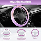 PIC AUTO Steering Wheel Cover, Pink Patterned & Light Purple Leather Patchwork Design, Universal Fit 14.5"–15.5", Anti-Slip, 