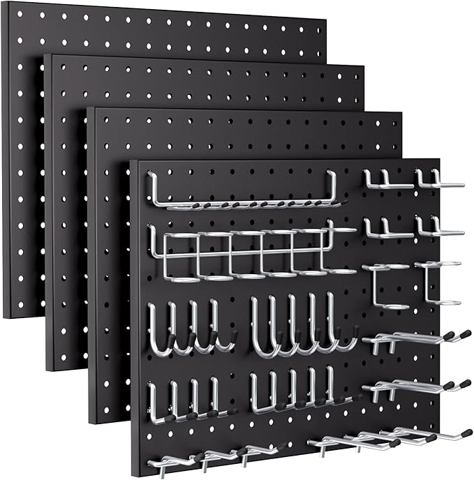 INCLY 70PCS Pegboard Wall Organizer, 4PCS Metal Peg Board Panels with 66PCS 1/4" Pegboard Hooks Accessories Kit, Black Peg Bo