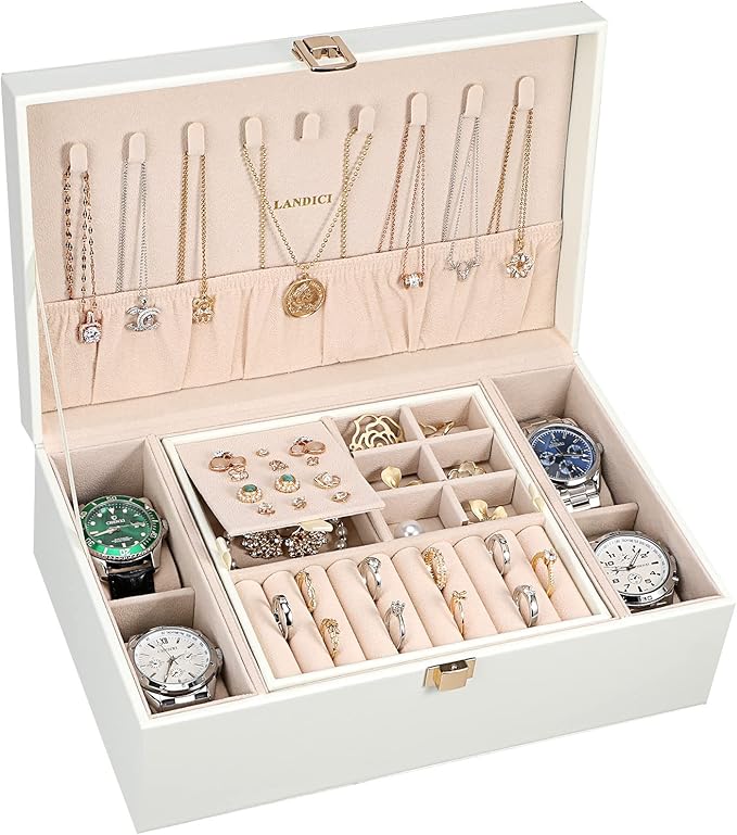 LANDICI Jewelry Box Organizer for Men Women, 2 Layer 4 Slot Watch Storage Case with Removable Tray, PU Leather Large Jeweller