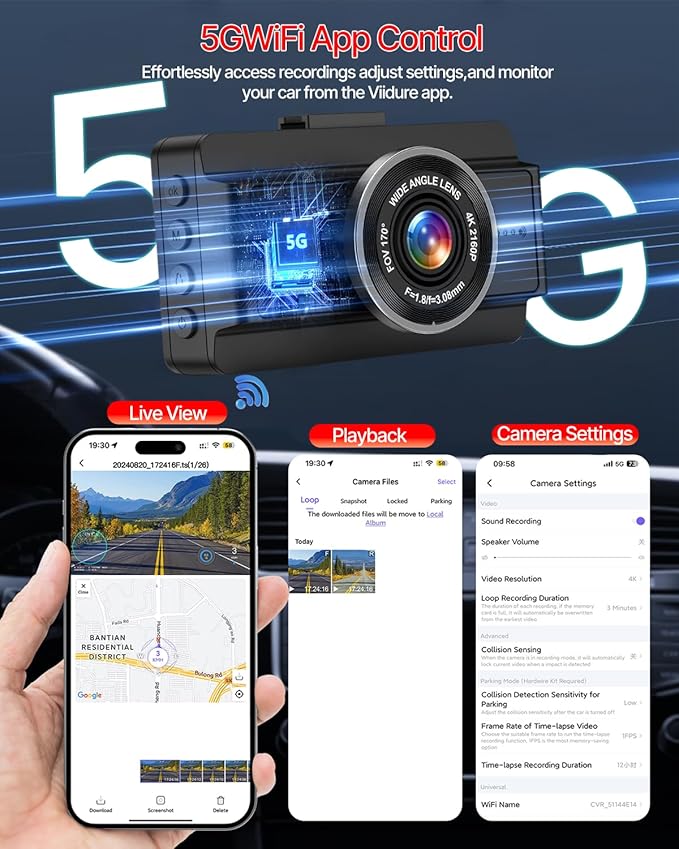 Dash Cam Front and Rear, 4K Full HD Dual Dash Camera for Cars W/ 64GB Card Included, Built-in 5G WiFi & GPS, Car Camera Dashc
