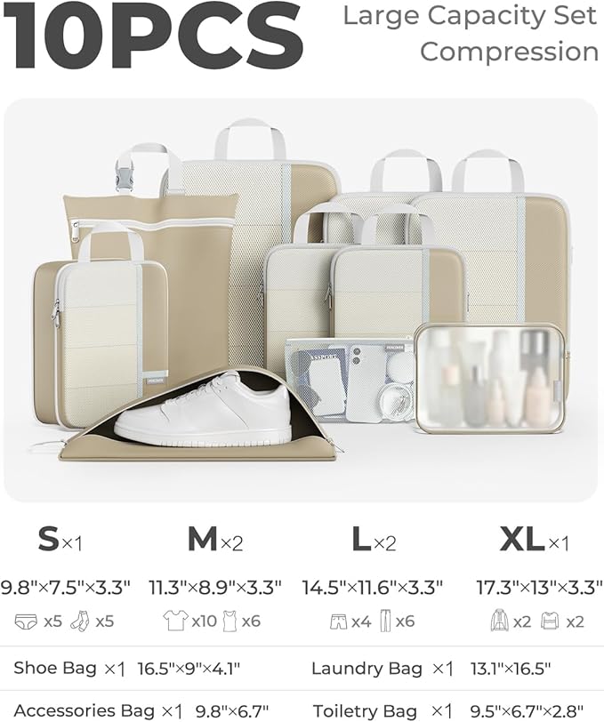 Percover Compression Packing Cubes 10-Piece Set, Packing Cubes Compression for Travel with Toiletry Bag, Laundry Bag & Shoe B
