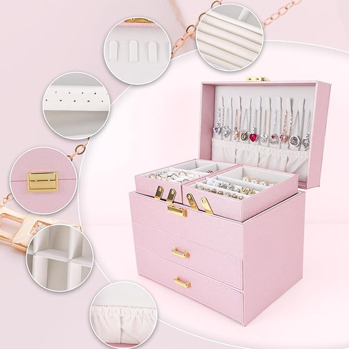 Dajasan Jewelry Organizer Box, Large Jewelry Boxes for Girls, Space-Saving 4 Layers Jewelry Storage Case with Drawer, Gift fo