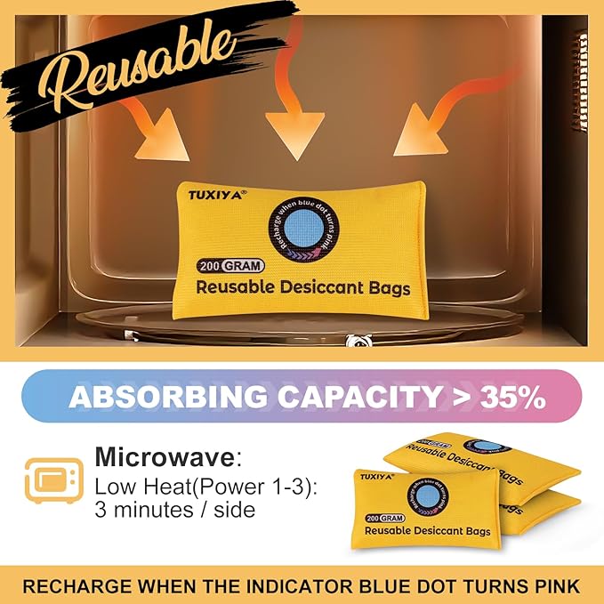 12 Pack(200g Each) Rechargeable Silica Gel Desiccant Packets,Color Indicating Desiccant Packs for Storage,Moisture Absorbers 