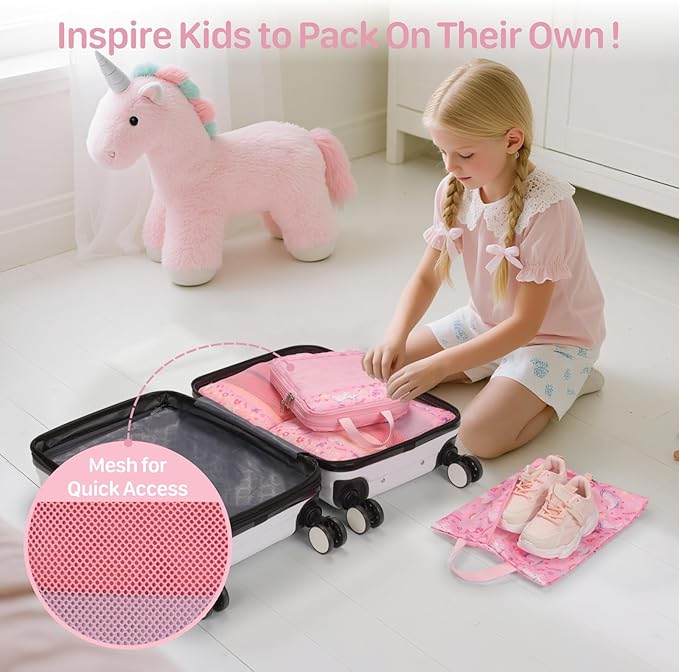 Kids Compression Packing Cubes, 4 Piece Set for Carry On Suitcase, Water Resistant Travel Luggage Organizers with Shoe Bag, T
