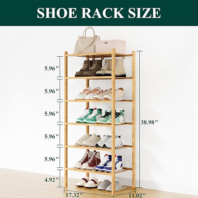 Smiry Shoe Rack, 6 Tier Small Bamboo Shoe Organizer, Stackable Free Standing Wooden Shoe Storage Shelf for Closet, Entryway, 