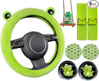 8 Pcs Cute Panda Steering Wheel Cover Set for Women Girl,Anti-Slip Lovely Cartoon Car Wheel Protector Universal 15 Inch Fit for Vehicle, Car, Auto, SUV (Green)