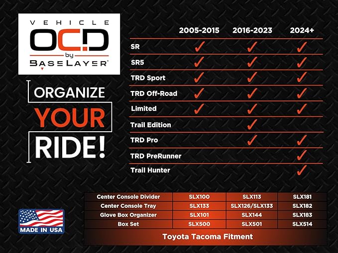 Vehicle OCD - Glove Box Organizer for Toyota Tacoma (2016-2023) - Made in USA - SLX144