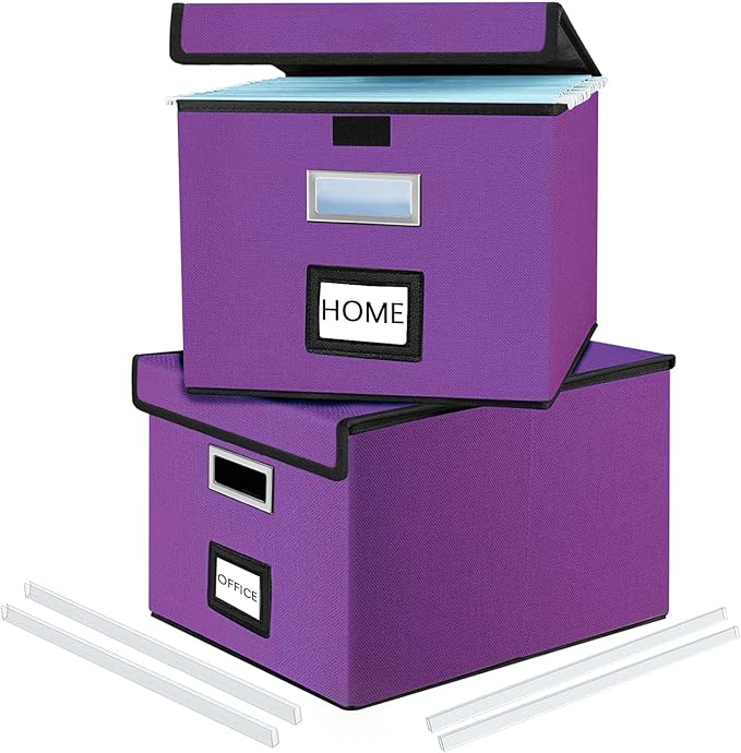 Huolewa Upgraded File Organizer Boxes with Lids, Linen Hanging Filing & Storage Boxes with Plastic Slides for Office/Decor/Ho