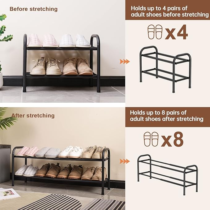 Gonfoam 2-Tier Expandable Shoe Rack,Adjustable Shoe Shelf Storage Organizer Heavy Duty Metal Free Standing Shoe Rack for Entr