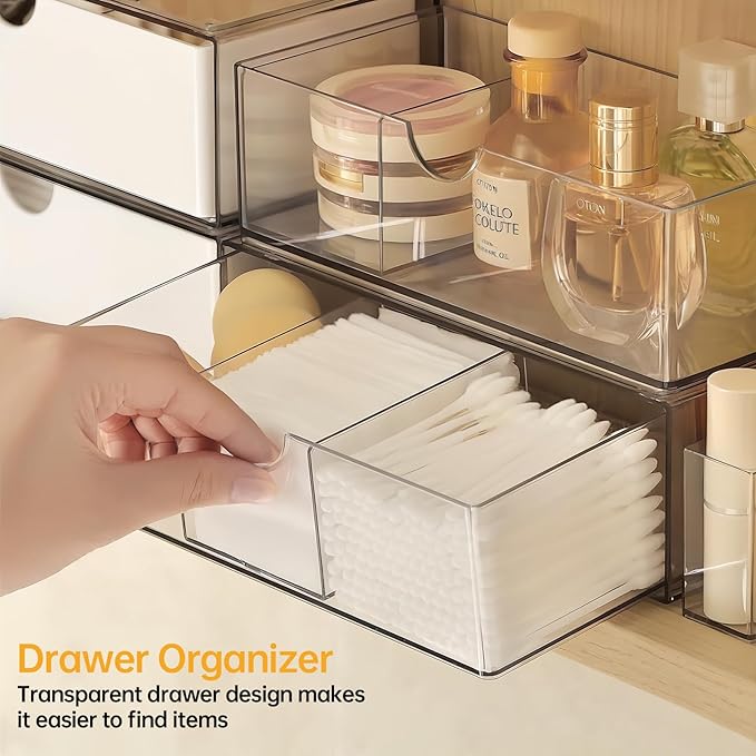PAVSTINE Medicine Cabinet Organizer 2 Pack, Stackable Storage Drawers with Removable Divider, Make Up Organizer for Bathroom 