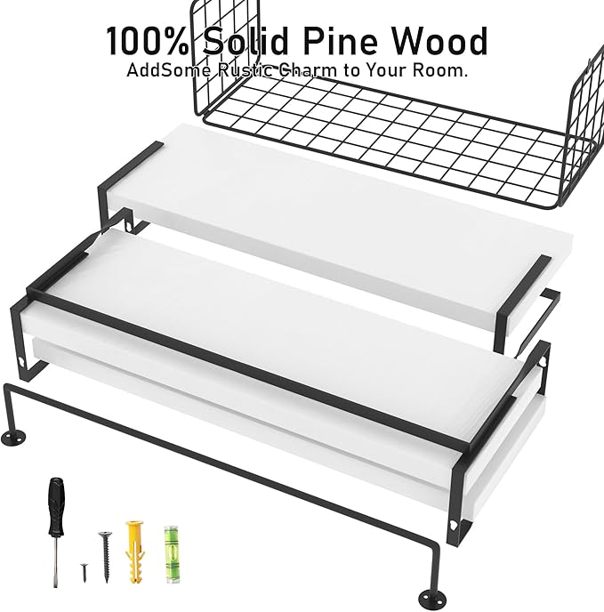 White Wood Floating Shelves Wall Mounted - 3+1 Tier Rustic Bathroom Wall Shelves Over Toilet with Wire Storage Basket & Towel