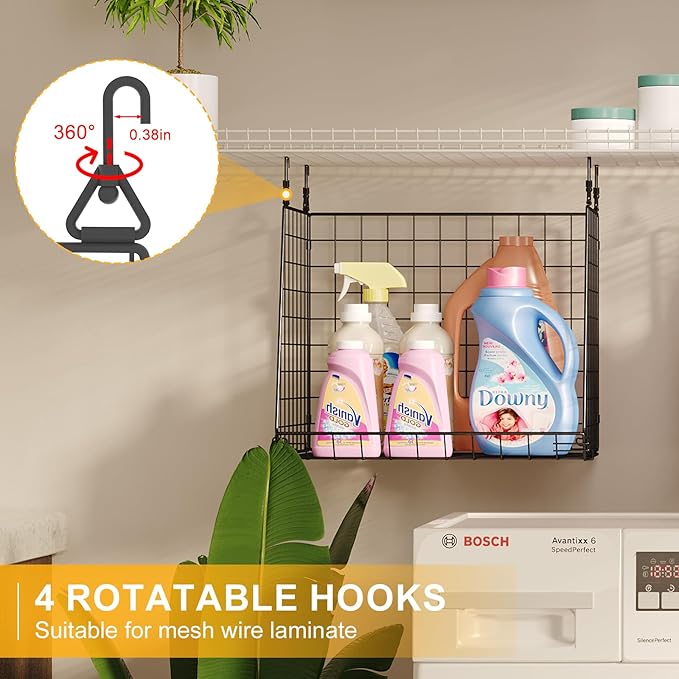 4-Pack Hanging Laundry Room Organizer：Foldable Laundry Room Organizaton Wire Basket with 360°Rotating Hooks Space Saving Over