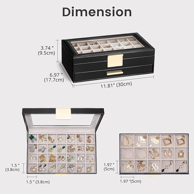 Lolalet Earring Storage Box Case with Glass Top, Large Earring Jewelry Holder Organizer Display with Drawer and Grid, Gifts f