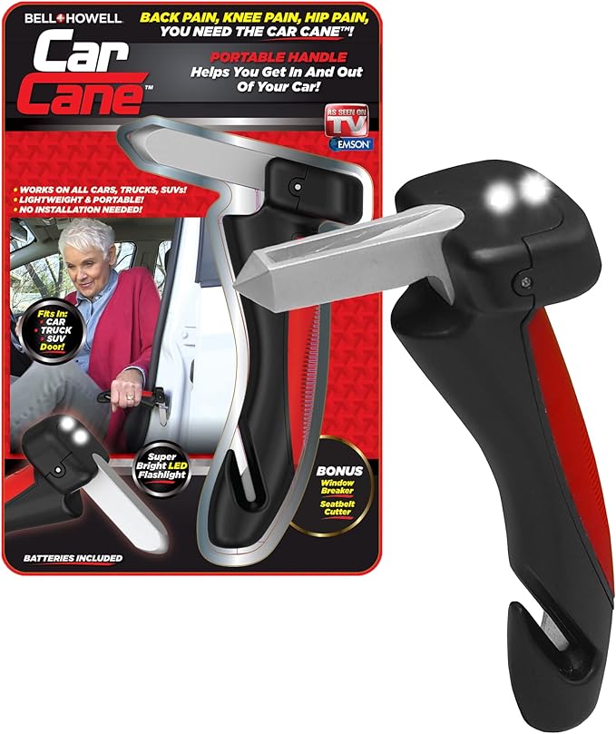 Emson Car Cane, All-in-One Car Cane Door Handle and Mobility Aid with Built in LED Flashlight, Window Breaker Seatbelt Cutter