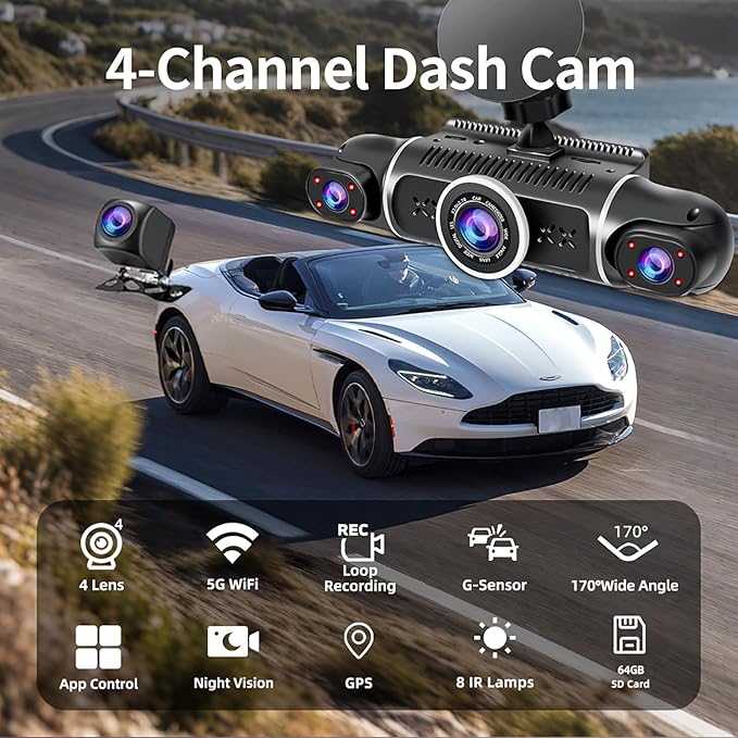 360° Dash Cam Front and Rear View 4 Channel Dash Camera FHD 2K+1080Px3 for Car, Inside/Back 170°+2x150°+170° Wide Angle, 8 IR