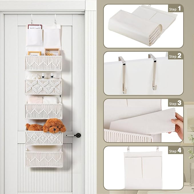 ANTIS'S HOME Over the Door Organizer Macrame Boho Nursery Storage with 5 Large Woven Pockets, Hanging Closet Basket for Bathr