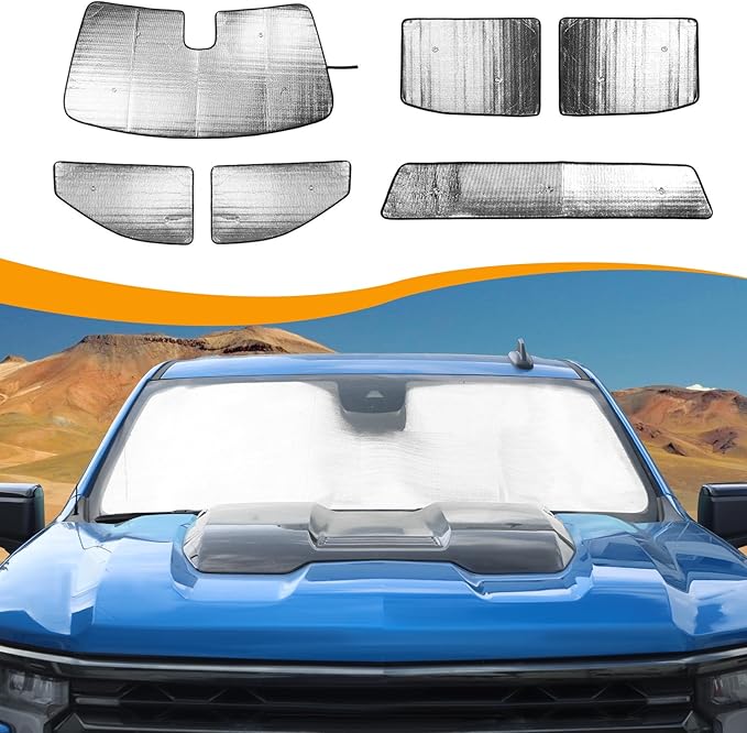 Hoolcar Windshield Sunshade Side Window Sun Shade Sunscreen Heat Insulation Rear Window Sun Visor Fit for Chevrolet Silverado Sierra GMC 2019-2024, 6PCs