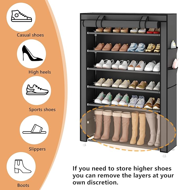 Laiensia 7-Tier Vertical Shoe Rack Organizer, Space Saving Shoe Storage Organizer, Non-Woven Cover Shoe Shelf Holds 28-35 Pai