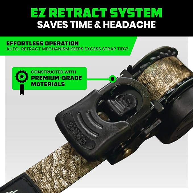 Rhino USA x Realtree Retractable Ratchet Straps (2PK) 2"x 9' (1,209lb Break Strength)- Heavy Duty Auto Self Retracting Tie Down Straps for Truck, Cargo Trailer, Motorcycle, ATV, UTV- Realtree APX Camo