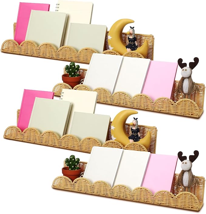 Pinkunn 4 Pcs Nursery Book Shelves 23.6 Inch Rattan Scalloped Floating Bookshelves Wicker Boho Book Shelf for Wall Mounted De