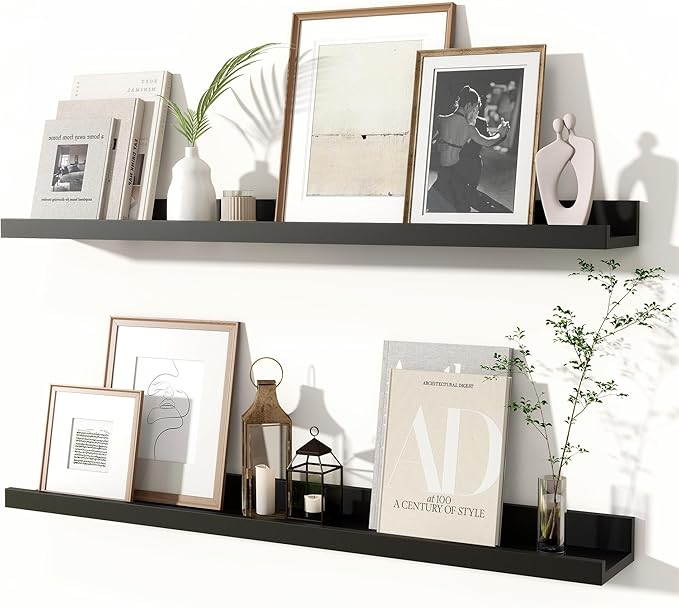 Fun Memories Picture Ledge Shelves Set of 2, 32 Inch Rustic Wall Mounted Floating Shelves with Lip for Home Storage and Décor