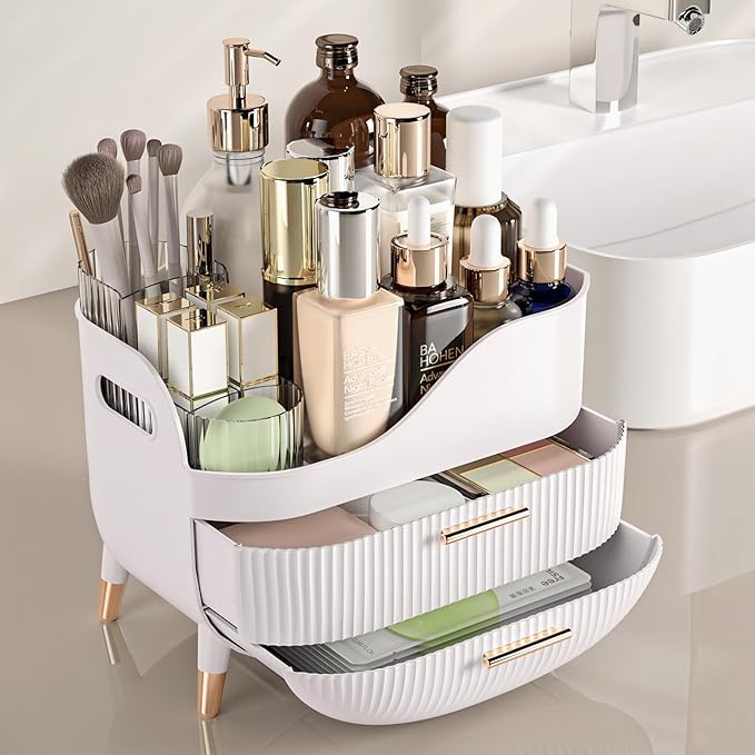 Pajiriona Makeup Organizer with Drawers,Skincare Organizer for Vanity,Storage Box with Handle,Large Cosmetic Display case for
