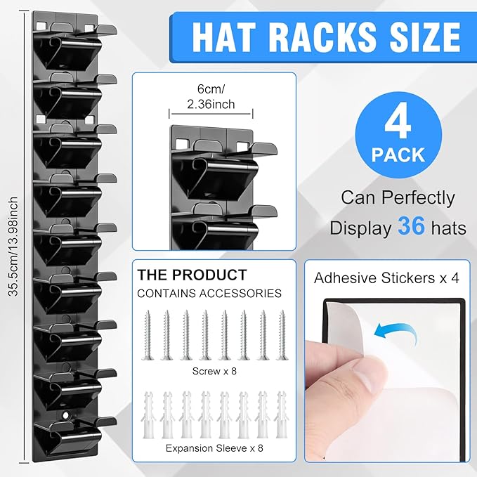 4 Pack Baseball Hat Rack for Wall & Closet, Vertical Hat Display Stand Storage Rack, No Drill Cap Rack for Dorm, Door& Entryw