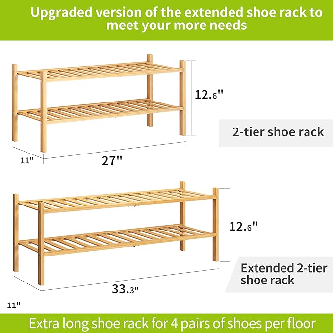 BMOSU 2-Tier Bamboo Extended Shoe Rack Premium Stackable Shoe Shelf Storage Organizer for Hallway Closet Living Room Entryway