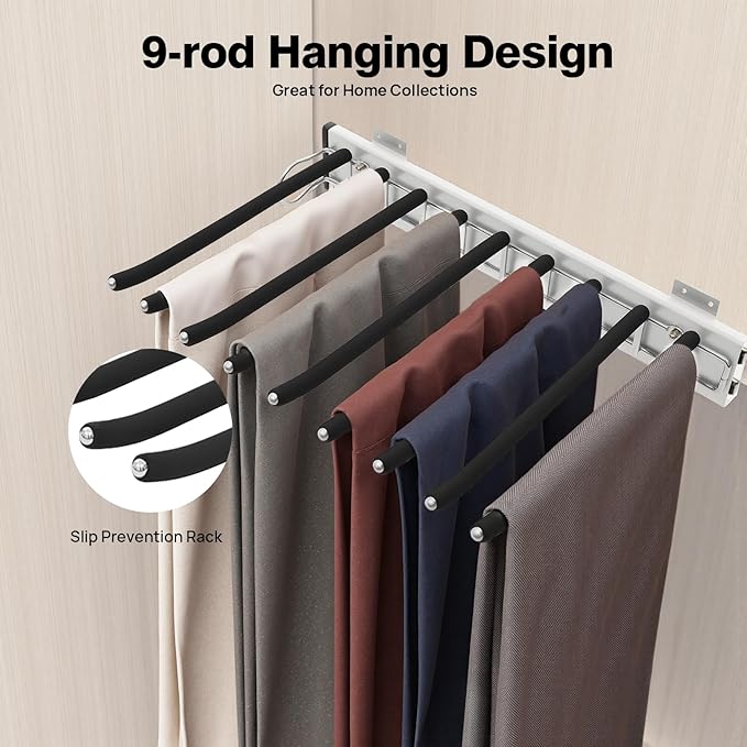 Pull Out Trousers Rack 9 Arms Closet Pants Hanger Bar Stainless Steel Rail Extendable Trousers Hanger for Clothes Towel Scarf