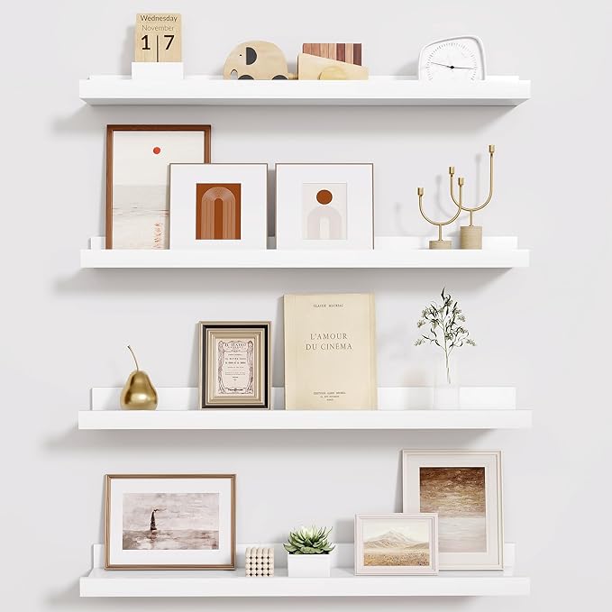 Fun Memories Picture Ledge Shelf - 24 Inches Floating Shelves Set of 4 - Floating Shelves with Lip for Storage - Wood Bookshe