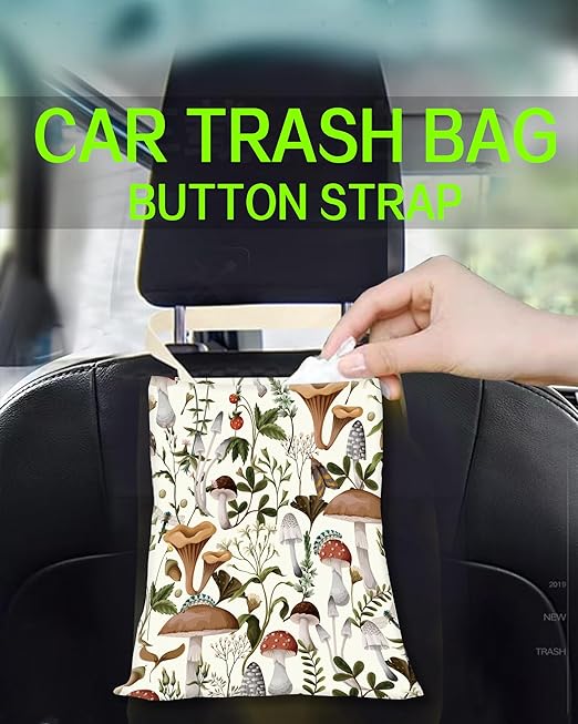 Car Garbage Can, Car Trash Bag, Car Garbage Bag, Hanging Car Trash Can for Car Accessories, Vehicle, Travelling, Camping, Cute Car Back Seat Organizer, Cute Boho Mushrooms