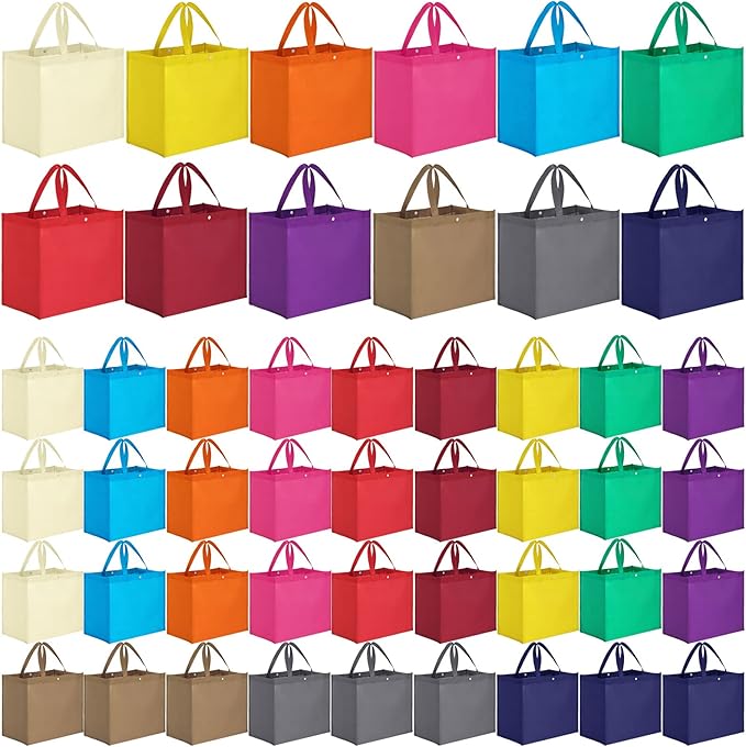 Boao 48 Pack Reusable Grocery Bags 13''L x 9.4''W x 15''H Large Foldable Shopping Tote Bag Non Woven with Handle and Button