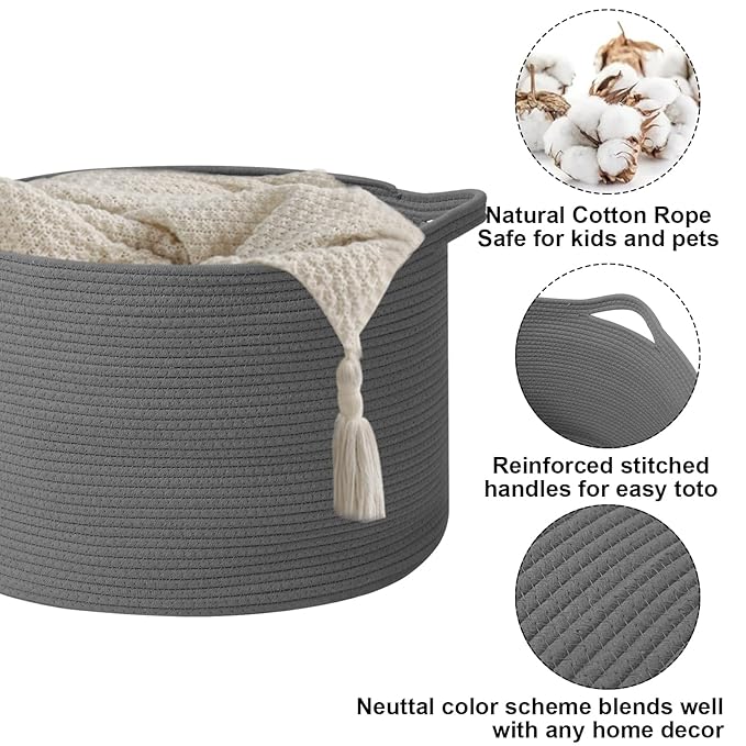 115L Large Blanket Basket,23.6" L x 23.6" W x 15.7" H Rope Woven Baskets with Handles, Toys Storage Bins,Laundry Basket Perfe