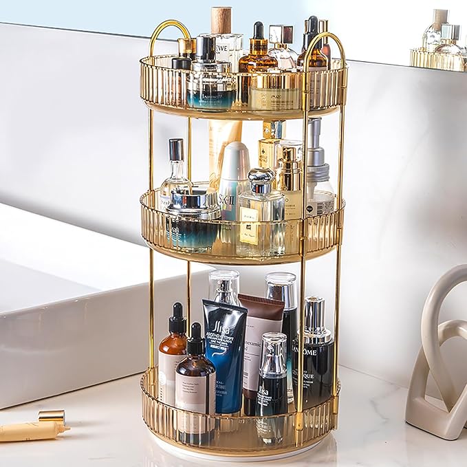 Rotating Makeup Organizer Countertop 3 Tier Lazy Susan Trays Clear Skincare Perfume Storage for Bathroom Counter Vanity, Ambe