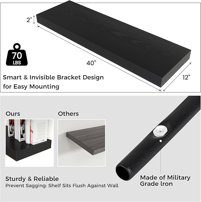 Floating Shelves for Wall, 40" W x 12" D x 2" H, 1 Pack of Long Wall Mounted Engineered Wood Shelves with Invisible Brackets 