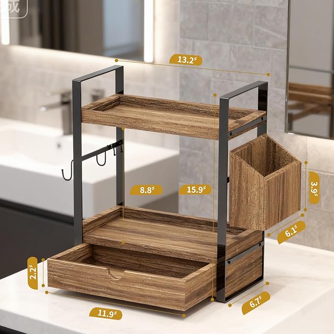 2-Tired Bathroom Counter Organizers and Storage, Bathroom Countertop Organizer with Drawer, Solid Wood Skincare Perfume Organ