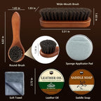 Leather Care Kit - Leather Polish, Cleaning & Conditioning Kit with 100g Saddle Soap & 100g Leather Oil, 2 Horsehair Brushes,